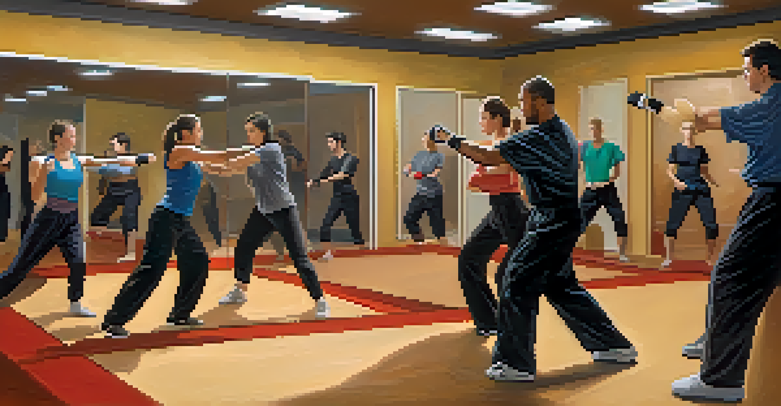 A diverse group of people in a self-defense class, practicing techniques under the guidance of an instructor, in a bright training environment.