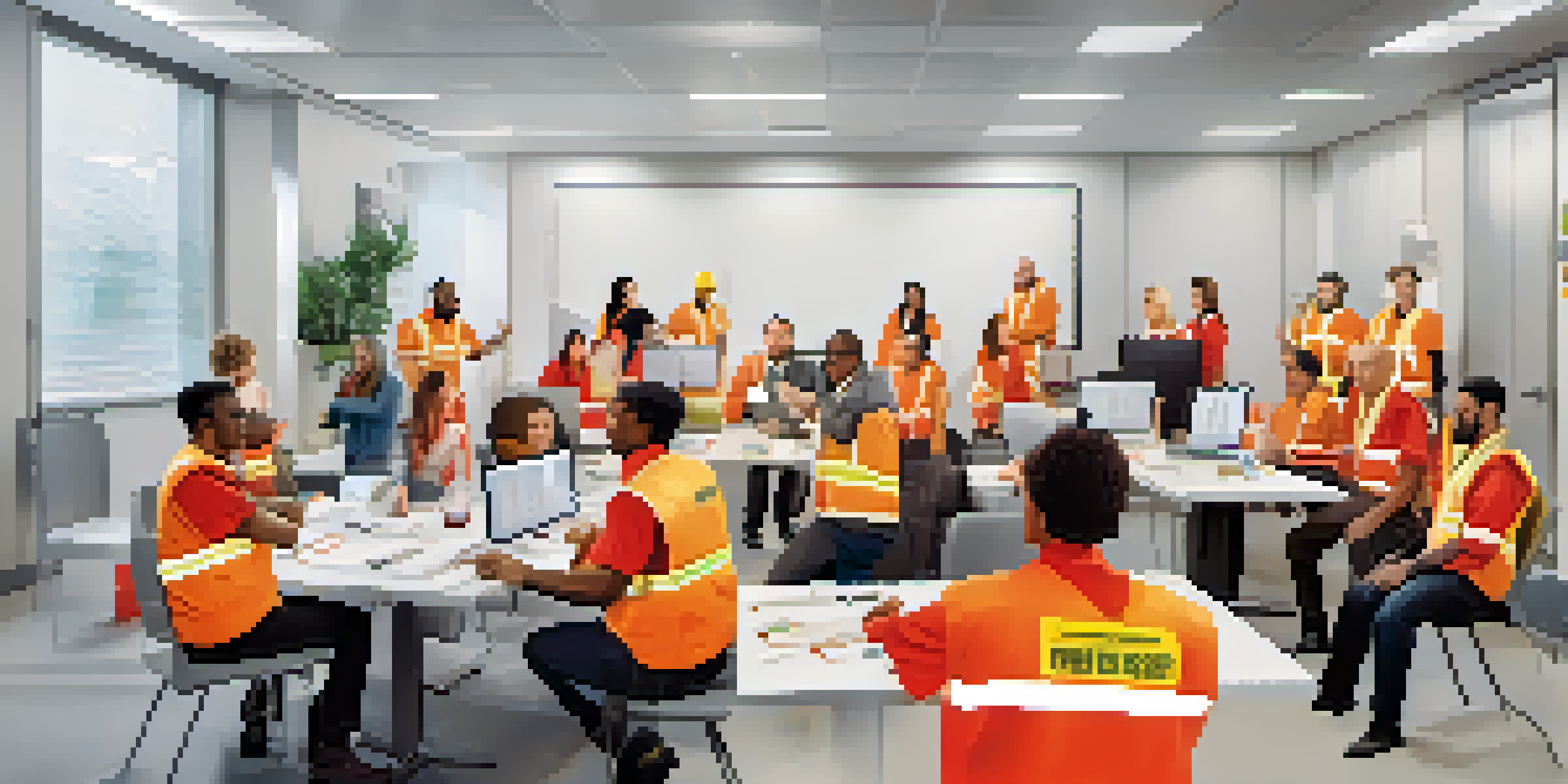 A diverse group of employees engaged in a safety training workshop, practicing first aid in a modern office setting.