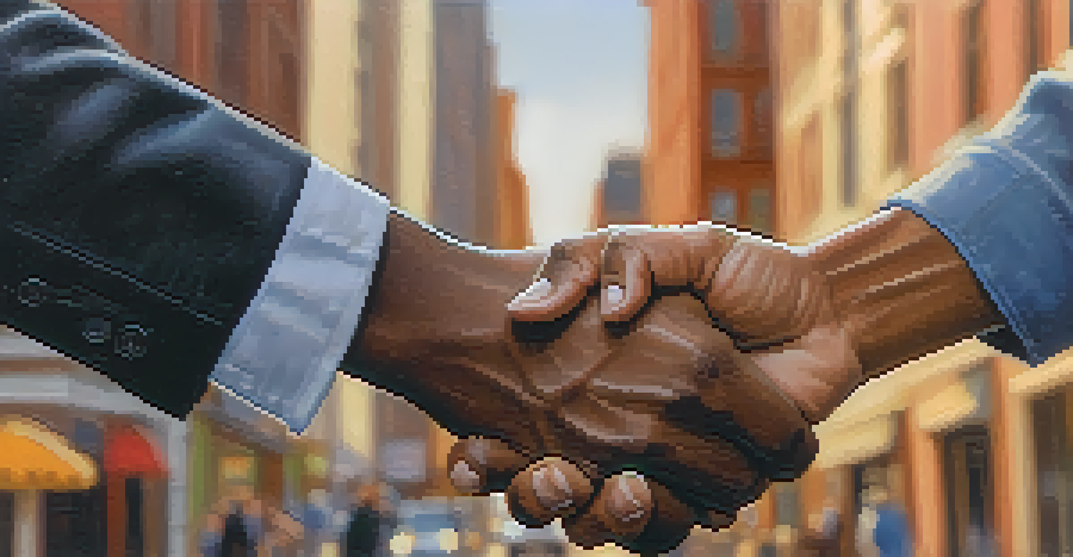 Two diverse hands shaking in agreement against a blurred peaceful urban background.