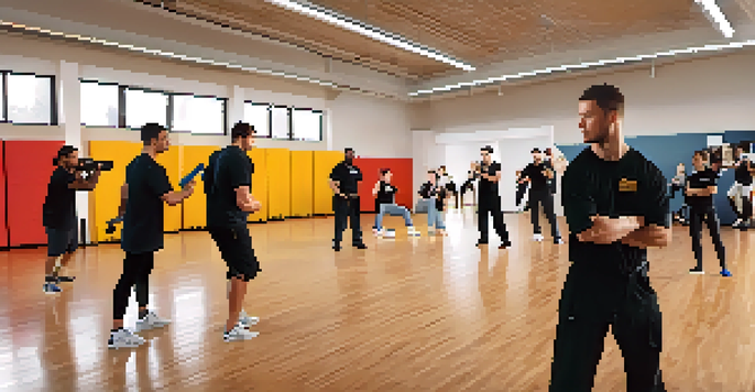A self-defense class showing a diverse group of individuals learning physical techniques in a bright gym environment.
