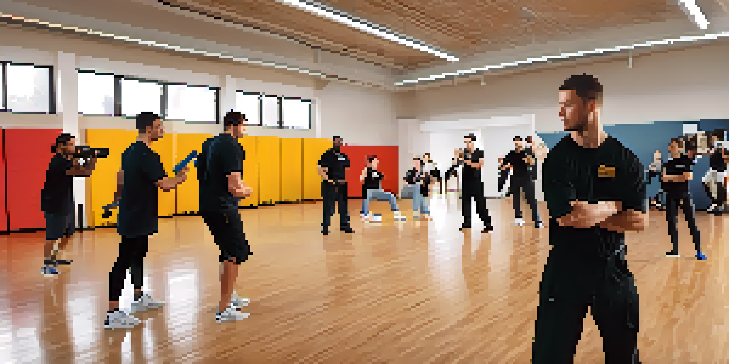 A self-defense class showing a diverse group of individuals learning physical techniques in a bright gym environment.