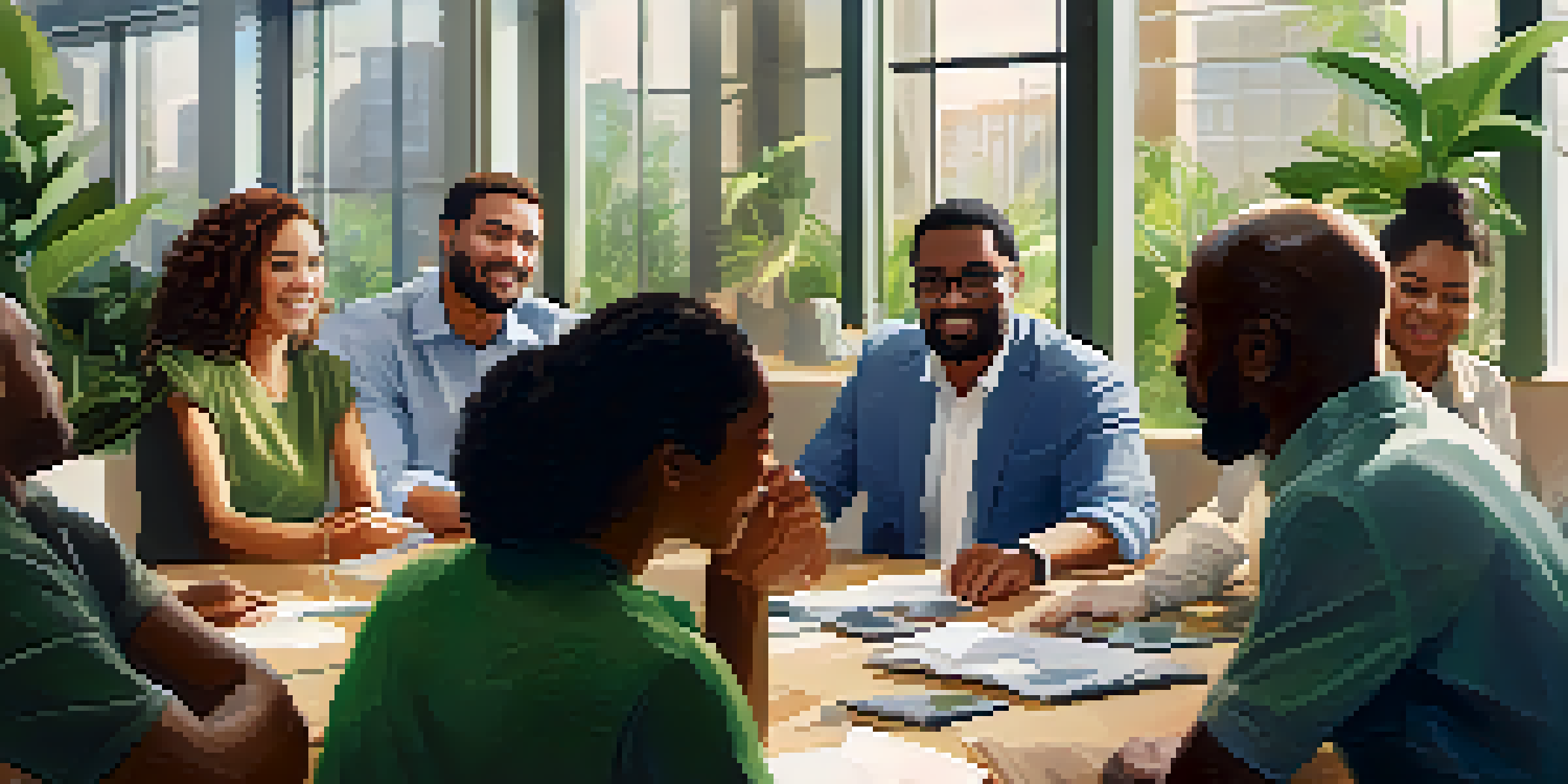 A diverse group of people in a bright office, discussing with expressive body language and facial expressions.