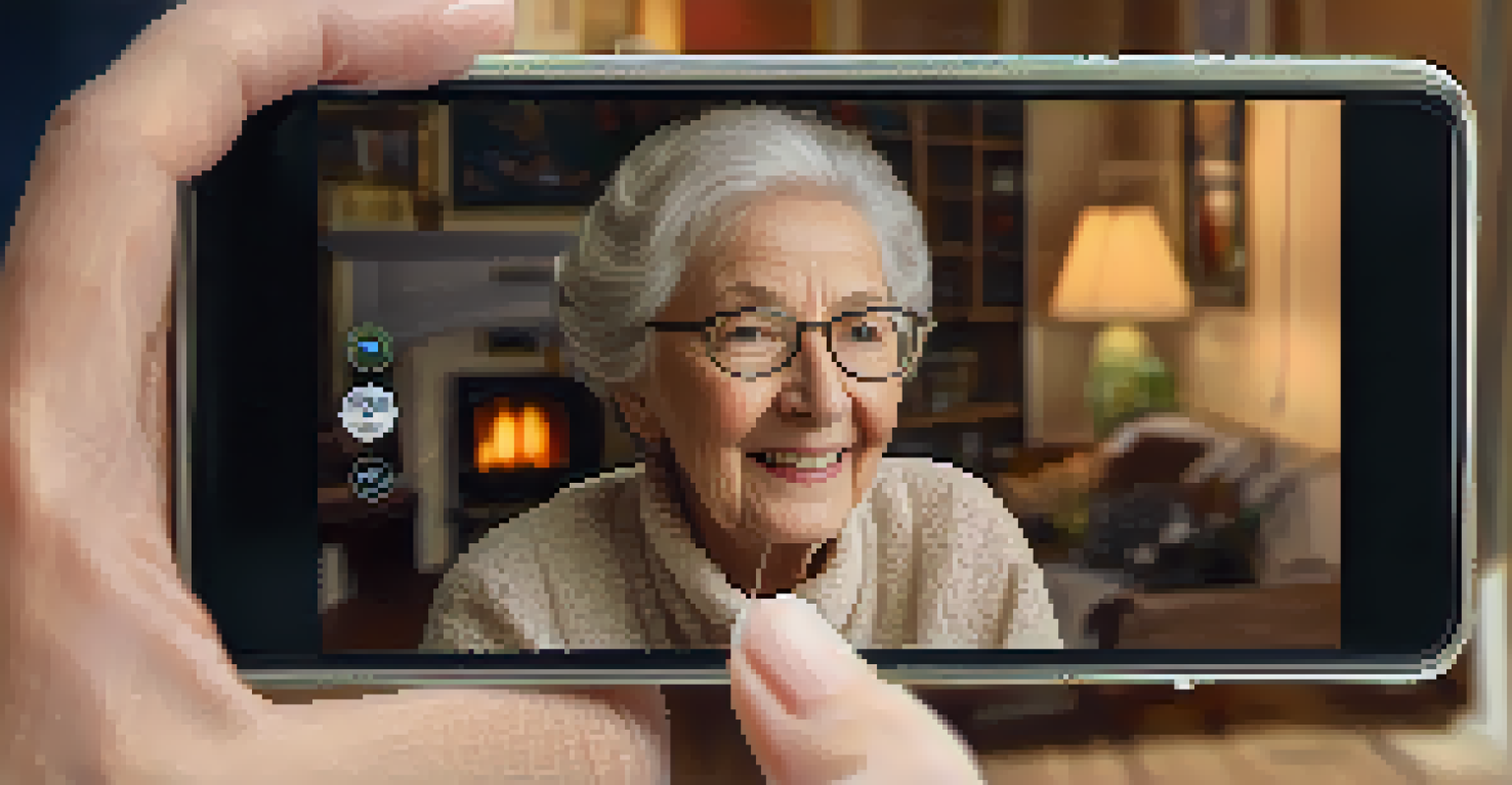 An elderly individual intently using a smartphone featuring a personal safety app, set in a warm and inviting living room.