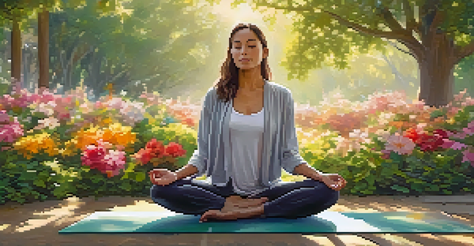 A person practicing deep breathing on a yoga mat in a peaceful park, surrounded by greenery and flowers.