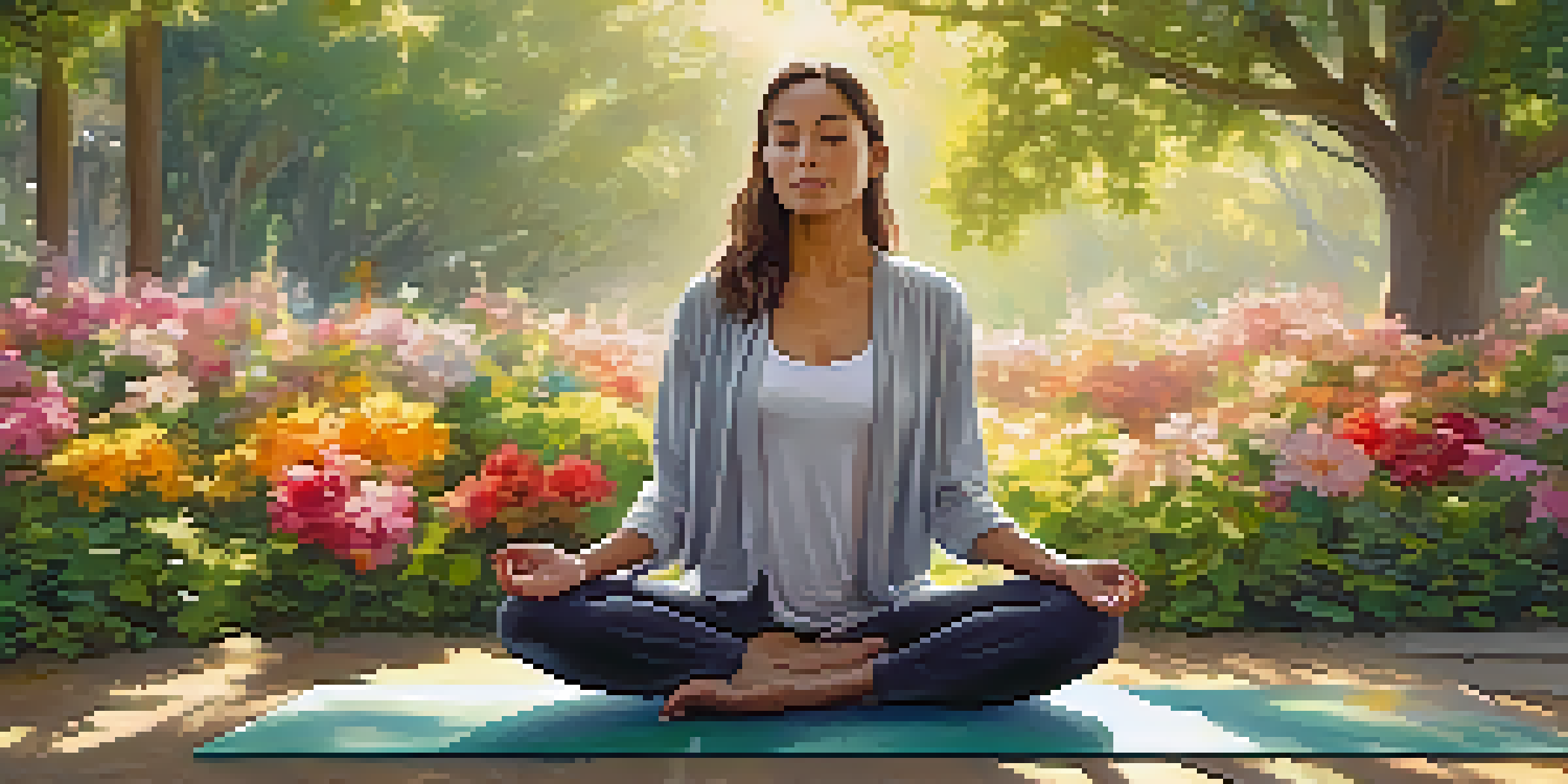 A person practicing deep breathing on a yoga mat in a peaceful park, surrounded by greenery and flowers.