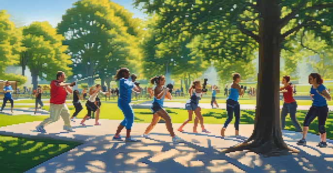 A group of people practicing self-defense techniques in a sunny park, surrounded by trees and a clear blue sky.