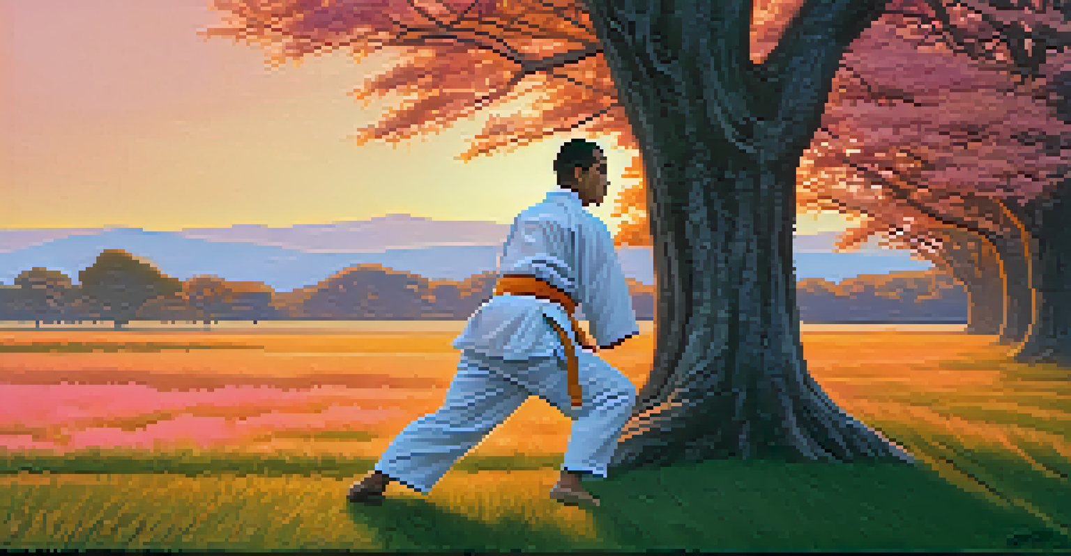 A Brazilian Jiu-Jitsu practitioner practicing techniques on a grassy field at sunset, with a colorful sky in the background.