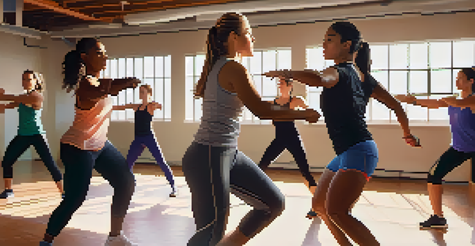 A diverse group of women engaged in a self-defense workshop, practicing techniques in a bright gym with sunlight streaming through windows.