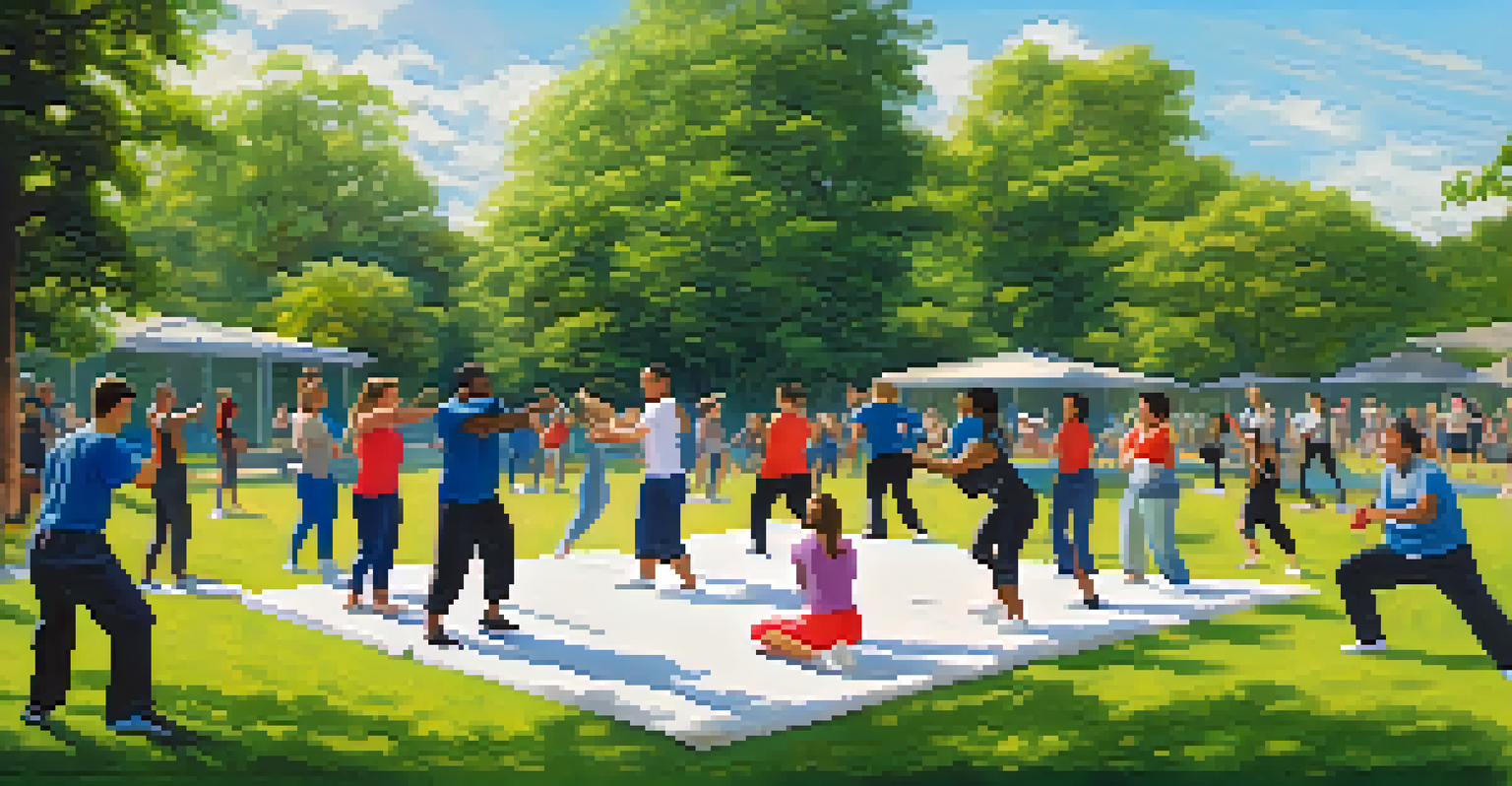 Participants in an outdoor self defense class in a park, practicing techniques amidst a backdrop of greenery and blue sky.