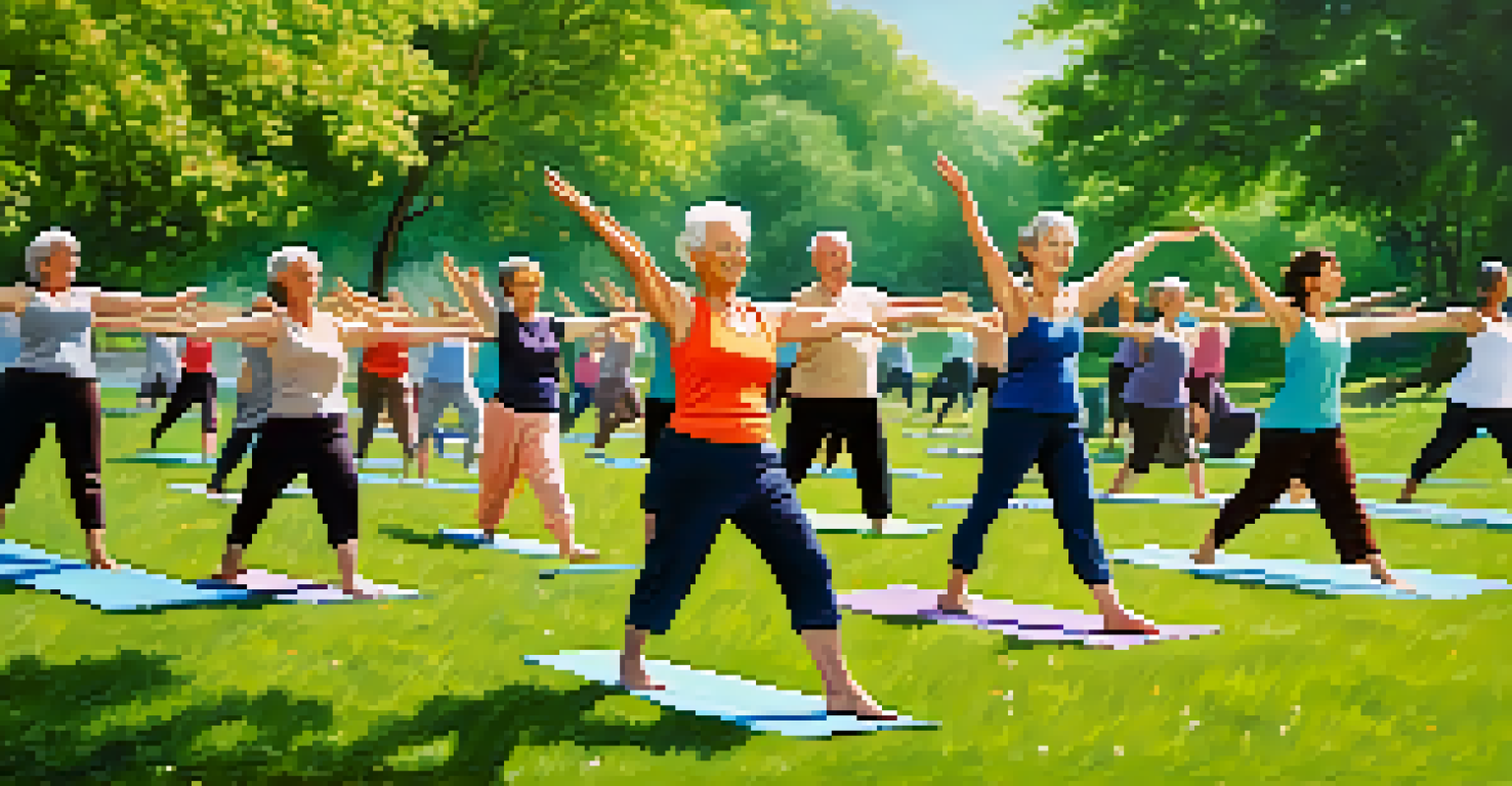 Seniors practicing yoga in a park with flowers and trees around them.