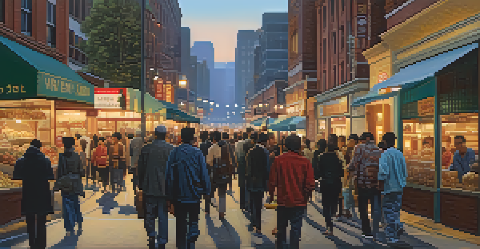 A lively city street at dusk with diverse people walking, showcasing awareness and interaction in a vibrant urban environment.