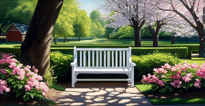 A tranquil garden with a white picket fence, colorful flowers, and a wooden bench under a cherry blossom tree, illuminated by gentle sunlight.