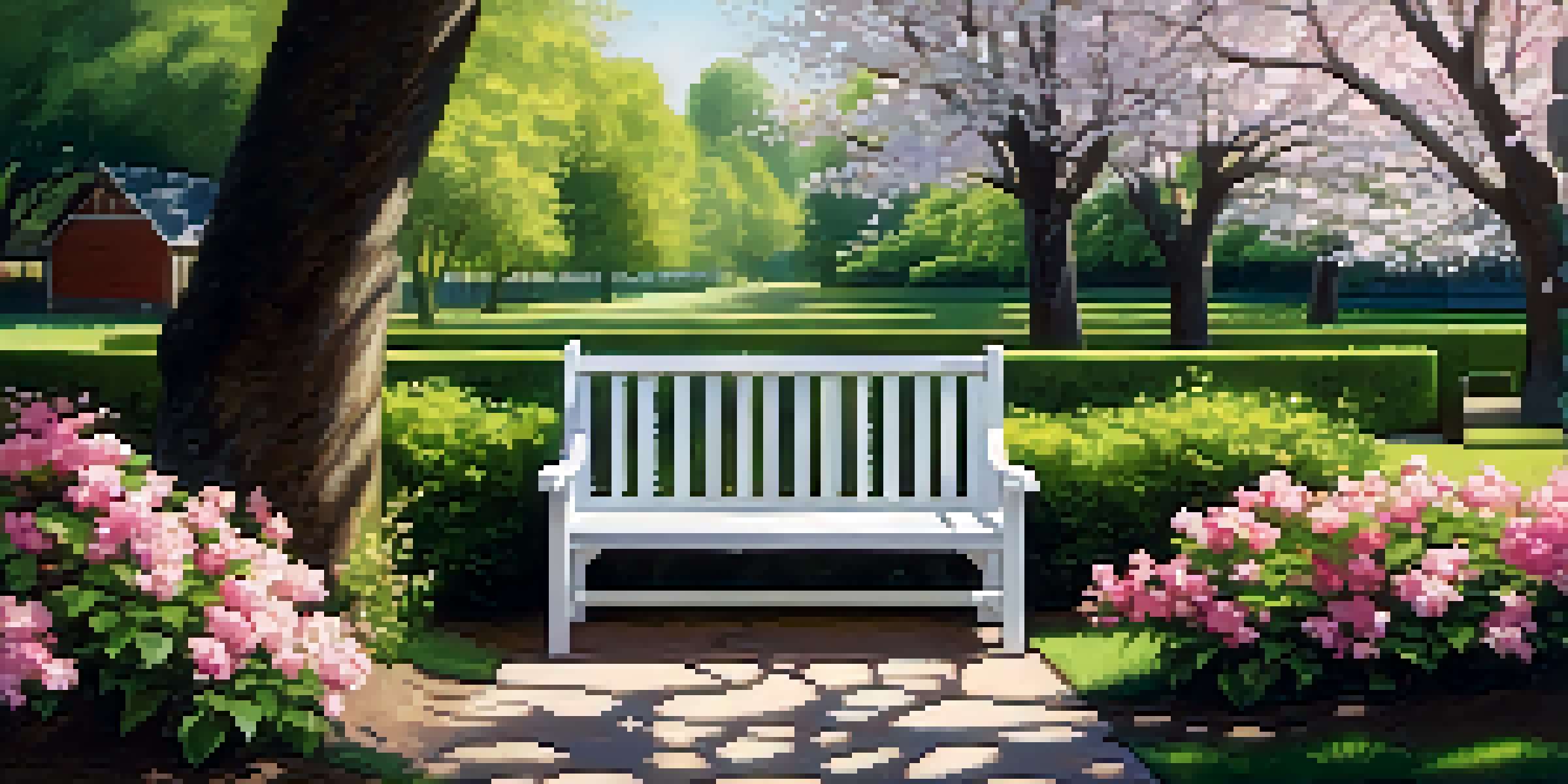 A tranquil garden with a white picket fence, colorful flowers, and a wooden bench under a cherry blossom tree, illuminated by gentle sunlight.