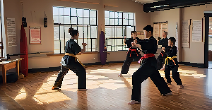 A peaceful martial arts training studio with students practicing self-defense techniques, guided by an instructor, and motivational quotes on the walls.