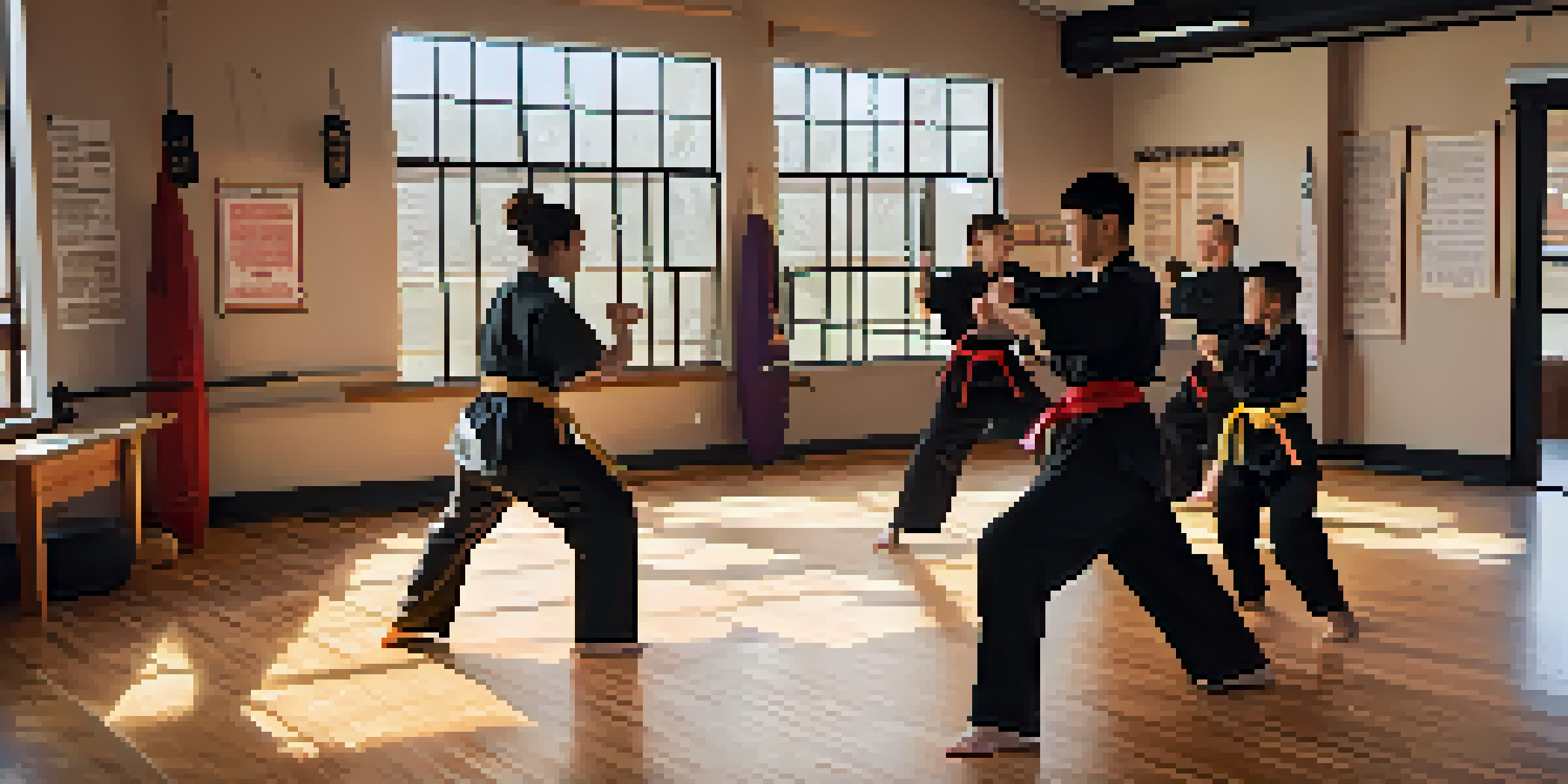 A peaceful martial arts training studio with students practicing self-defense techniques, guided by an instructor, and motivational quotes on the walls.