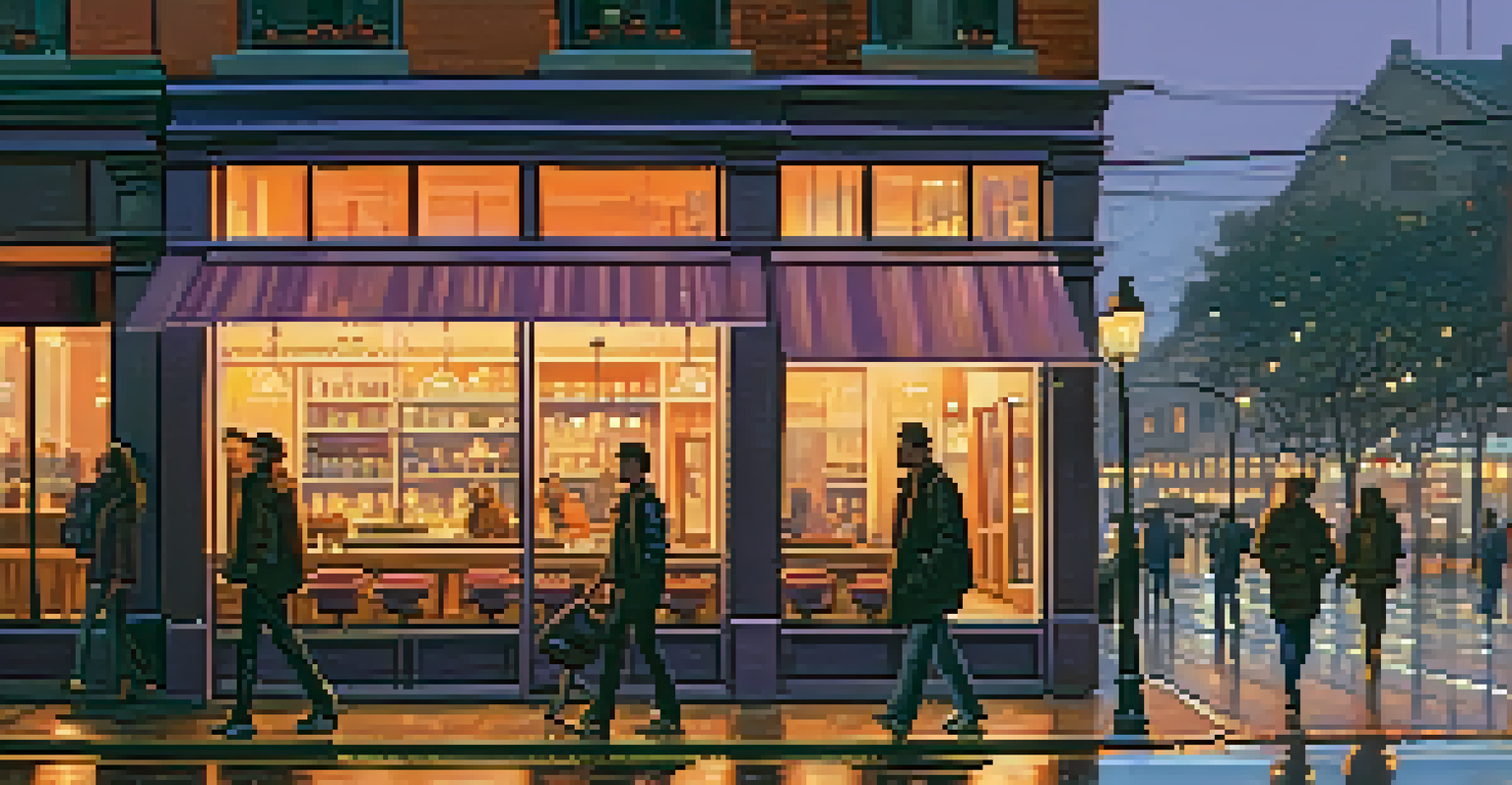 A bustling urban street at dusk with a café glowing warmly, surrounded by people and a colorful sky.