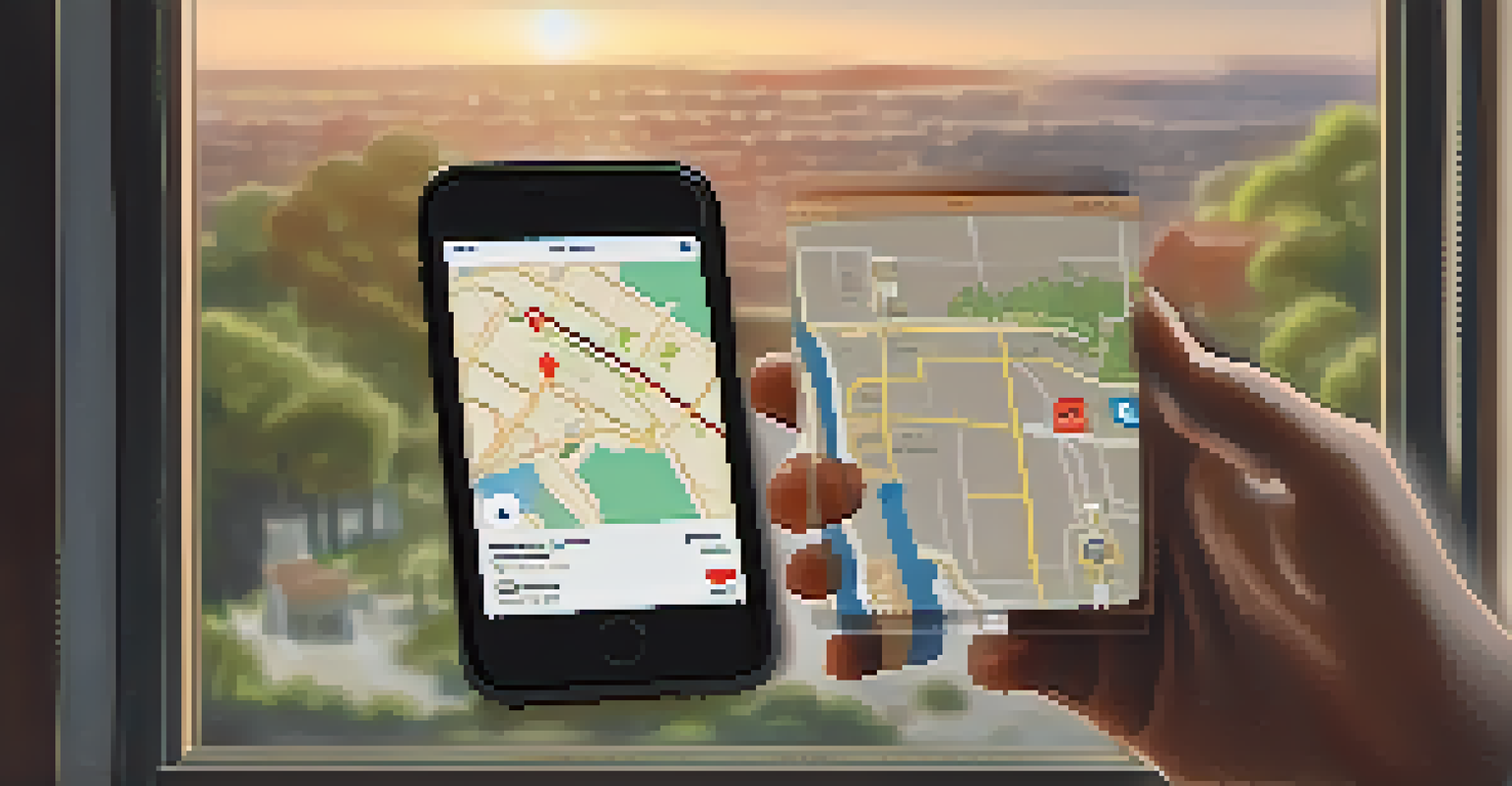 A smartphone showing a safety app with a map and alerts, glowing softly in a dimly lit room.