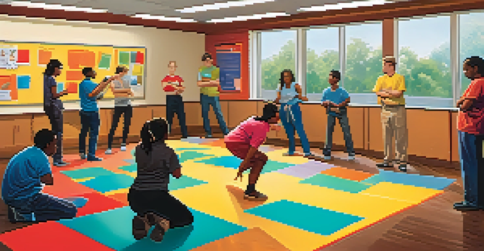 A bright classroom where autistic individuals are practicing self-defense communication techniques through role-playing, with a supportive instructor.