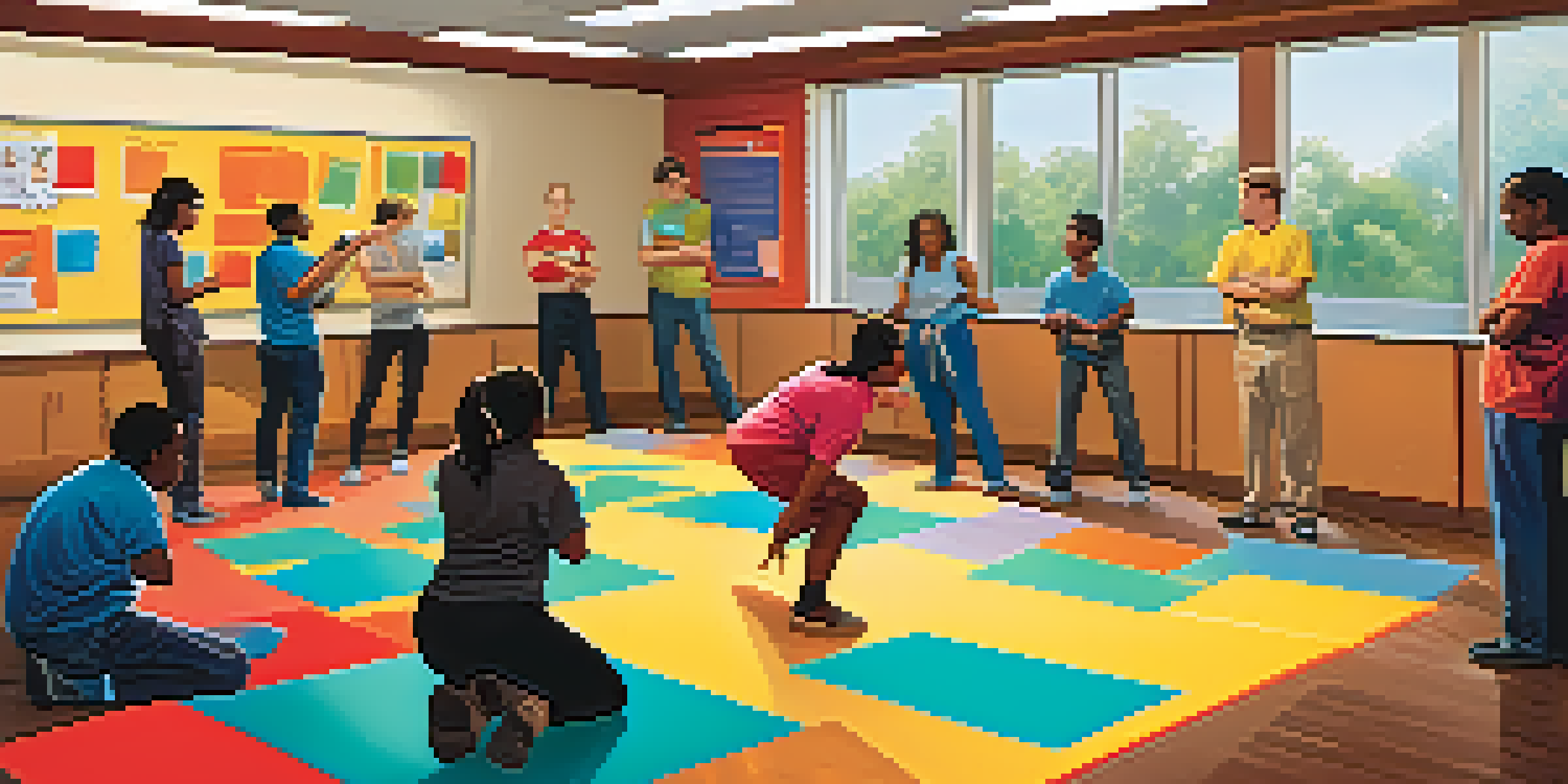 A bright classroom where autistic individuals are practicing self-defense communication techniques through role-playing, with a supportive instructor.