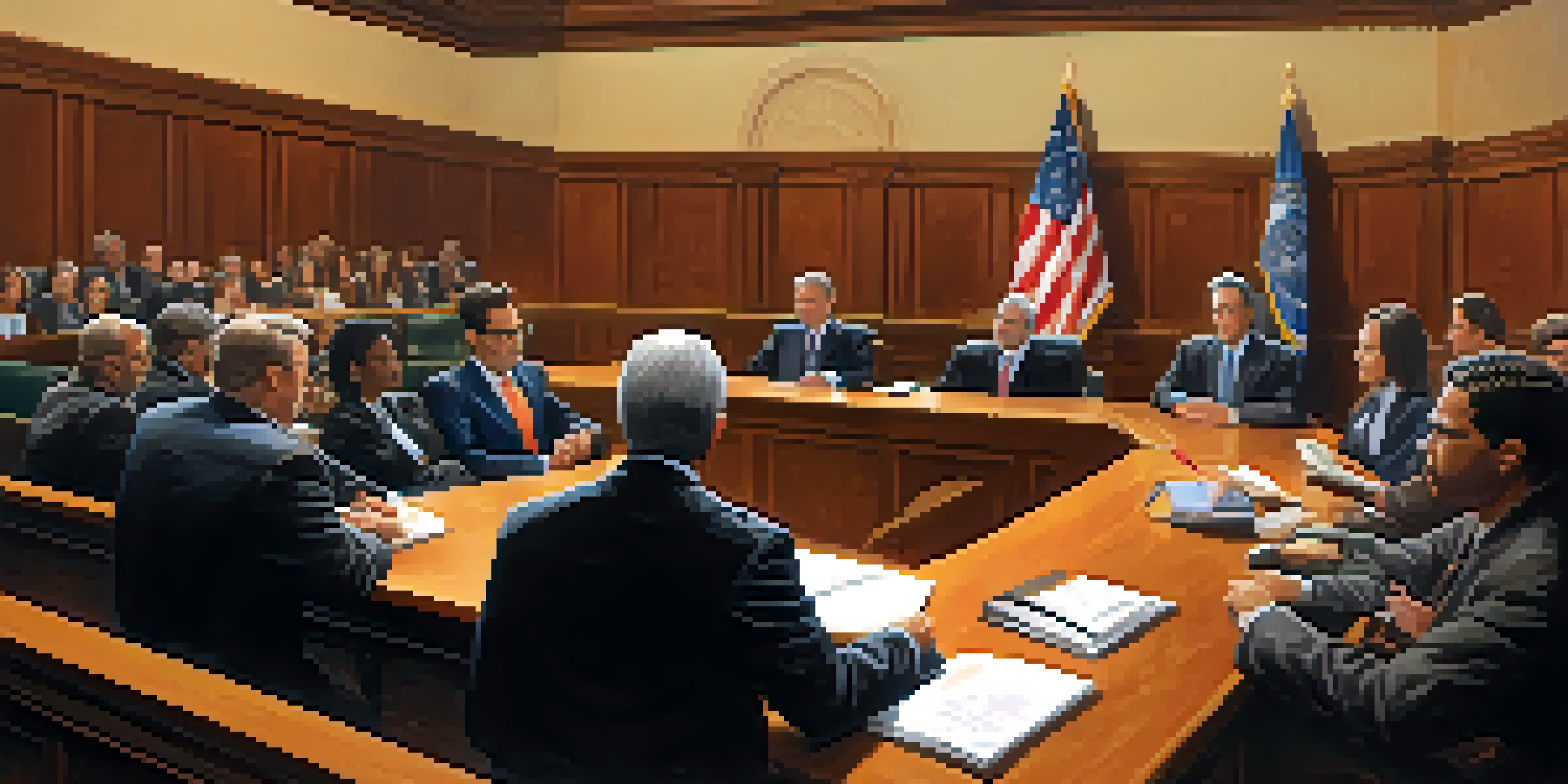 A courtroom with a diverse jury, an attorney presenting evidence, and a large screen showing social media posts.
