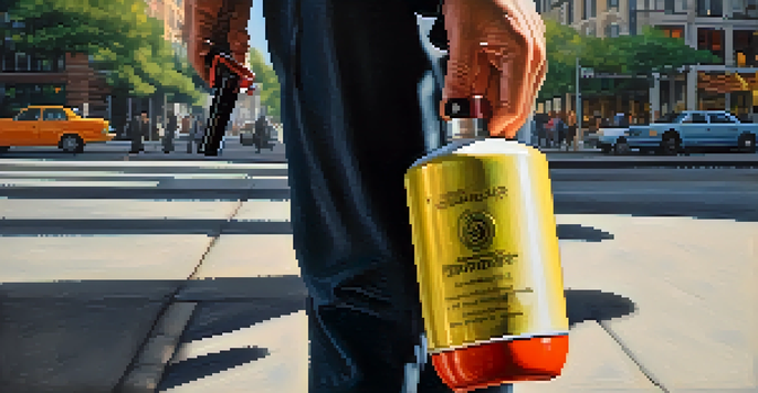 A person holding pepper spray in a busy city street, showcasing their confidence amidst urban surroundings.