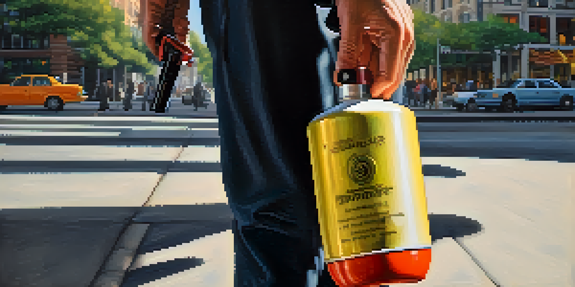 A person holding pepper spray in a busy city street, showcasing their confidence amidst urban surroundings.