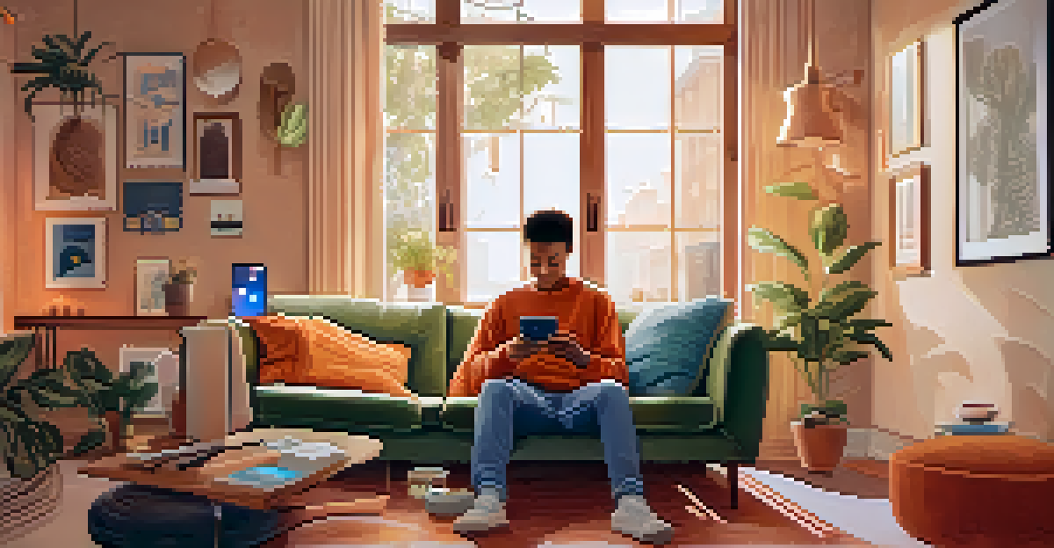 A person sitting in a cozy living room, scrolling through social media on their phone, surrounded by floating notifications.
