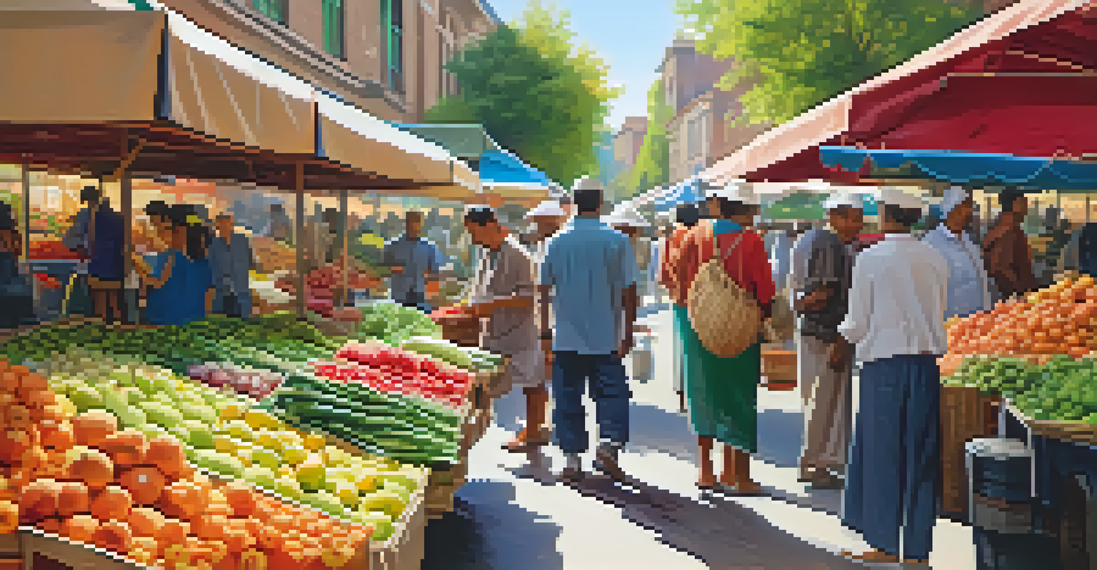 A lively local market scene with a vendor selling colorful produce and people engaging in transactions under bright lighting.