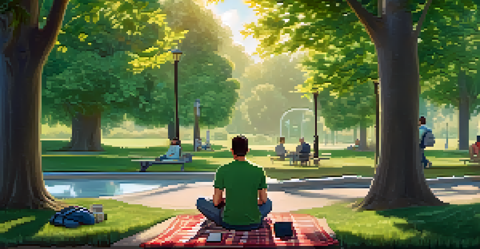 A remote worker in a park, using a personal safety app on their phone, surrounded by nature and a peaceful atmosphere.