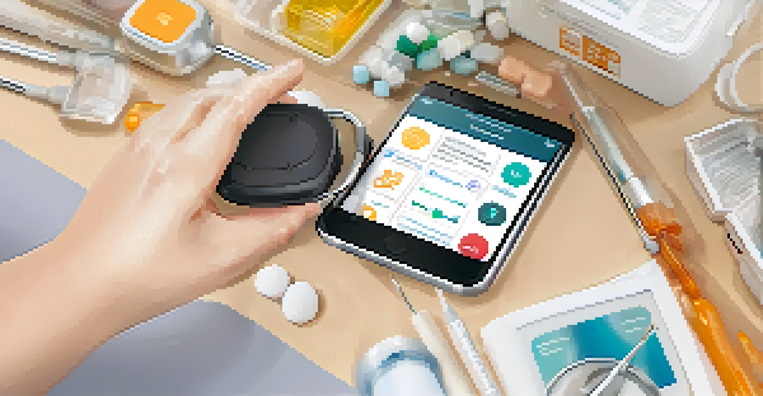 Close-up of a caregiver's hands holding a smartphone with a health app, surrounded by medical supplies, illustrating technology in caregiving.