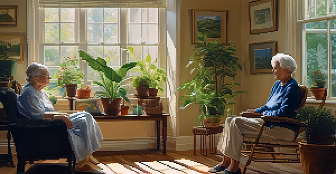 A caregiver assisting an elderly person in a sunlit room filled with plants, conveying compassion and warmth.