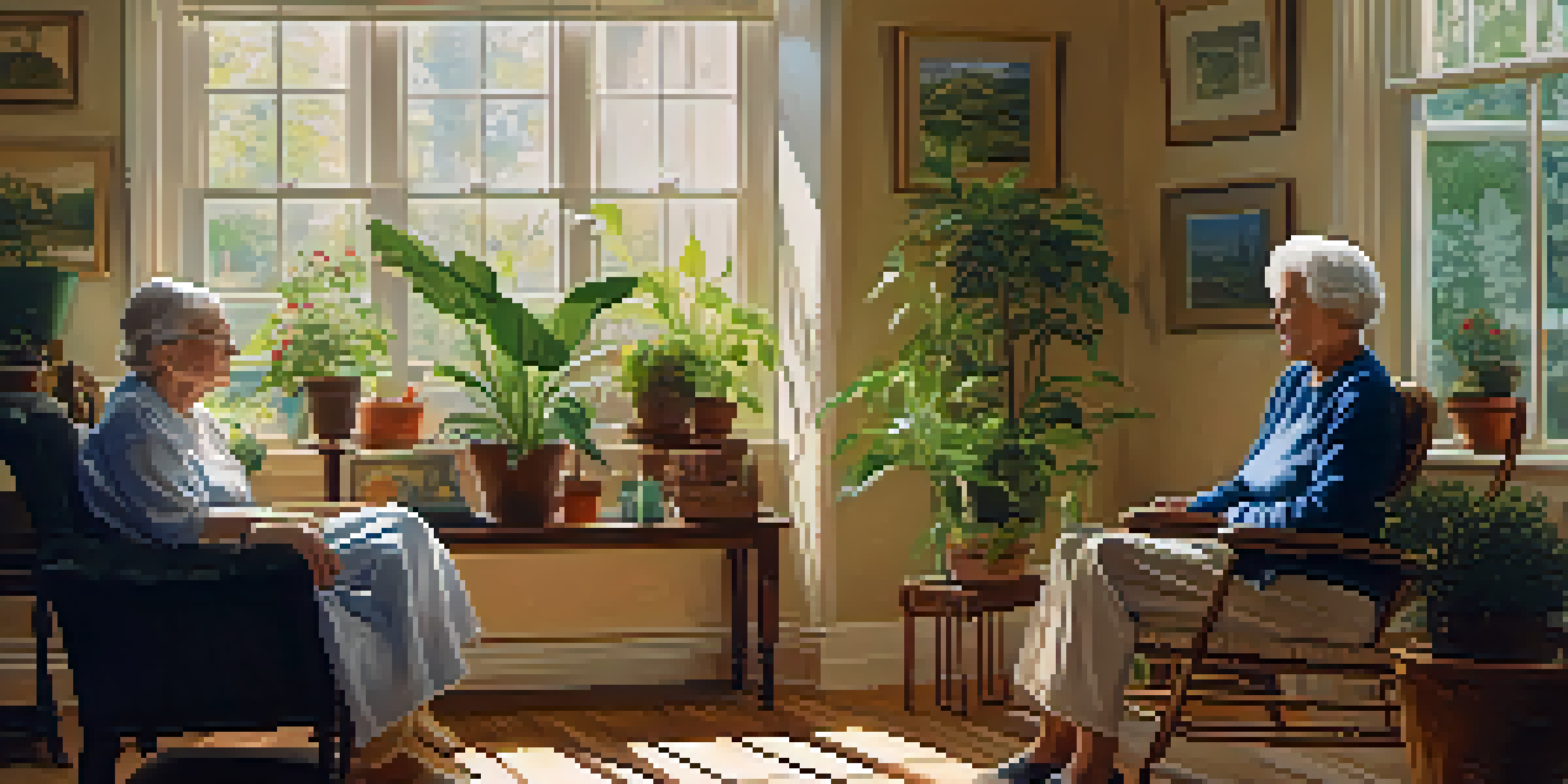 A caregiver assisting an elderly person in a sunlit room filled with plants, conveying compassion and warmth.