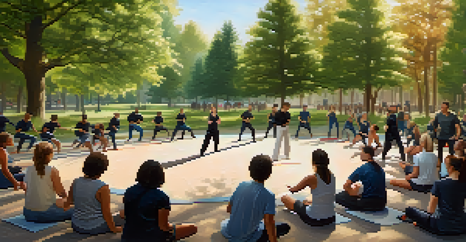 An outdoor self-defense class in a park with diverse individuals practicing techniques under sunlight.