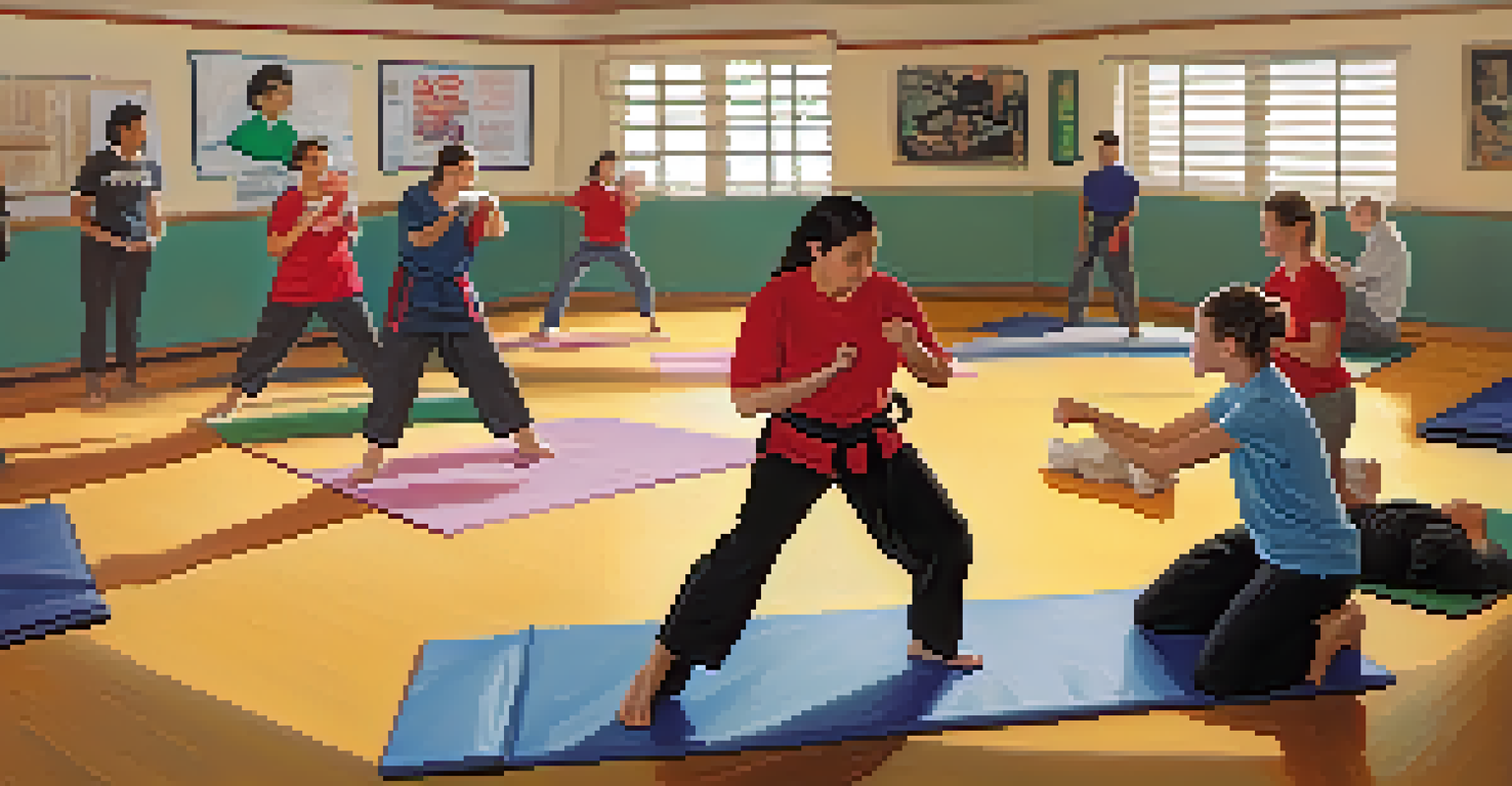 An indoor self defense class with students learning from a confident female instructor demonstrating a wrist escape maneuver.