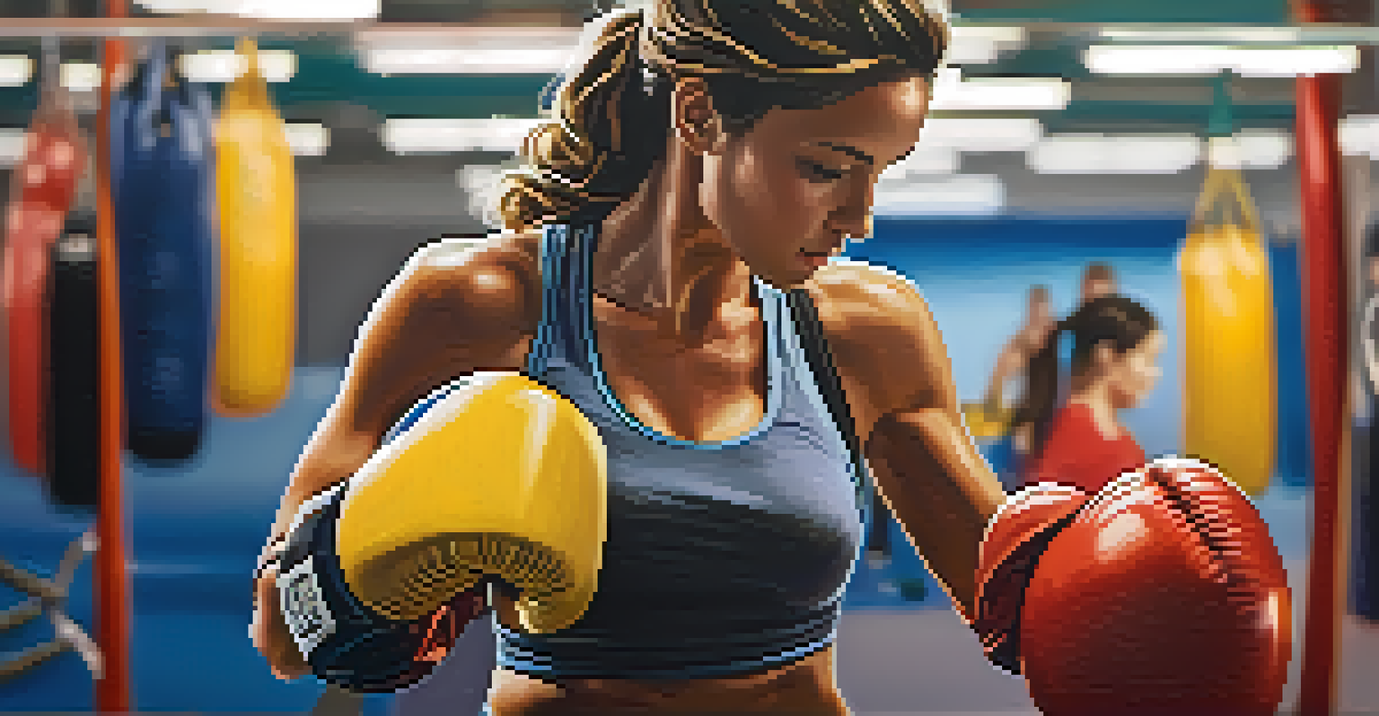 A close-up of a woman's hands wrapped in boxing gloves, ready for a sparring session in a gym.