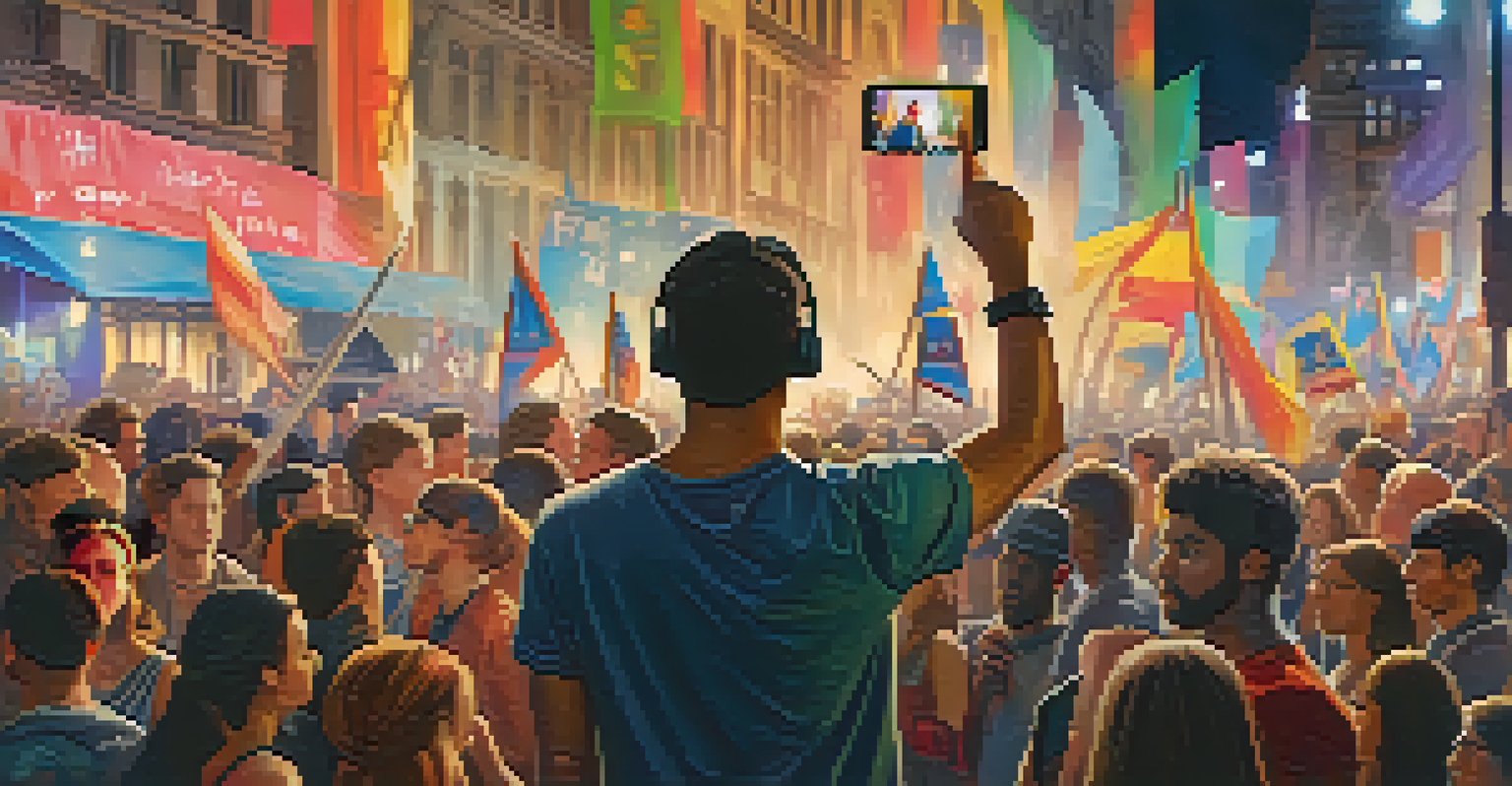 A close-up portrait of a protester live-streaming the event with determination, surrounded by a supportive crowd.