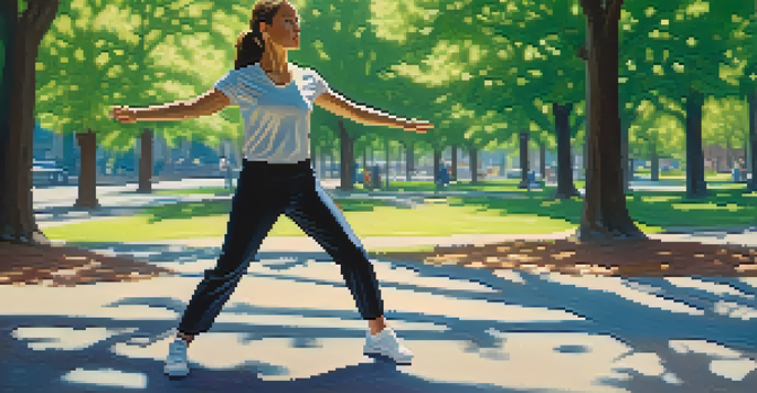 A confident woman practicing self-defense in a park with a sunny background.