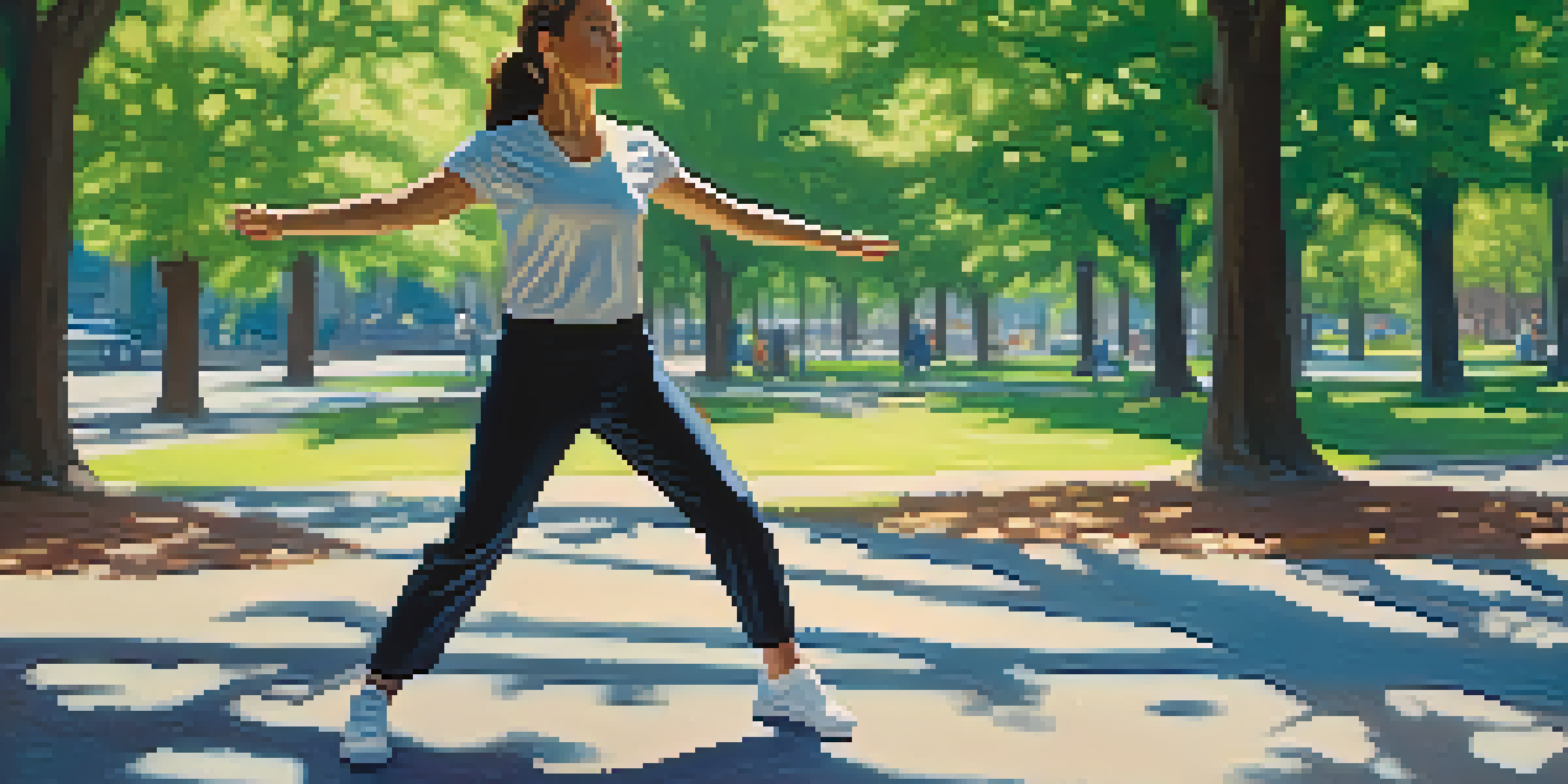 A confident woman practicing self-defense in a park with a sunny background.