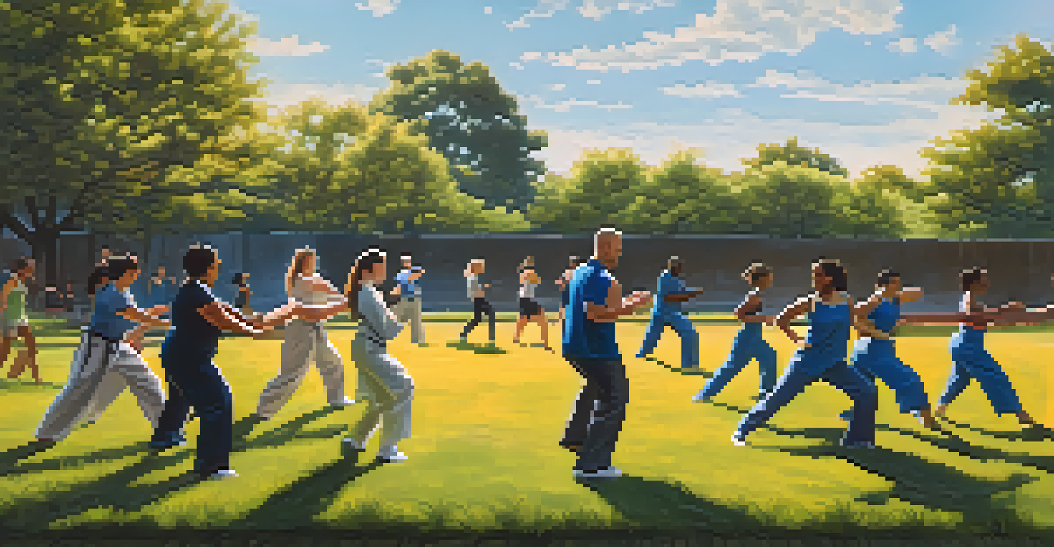 A diverse group practicing self-defense moves outdoors in a sunny environment, emphasizing teamwork and empowerment.