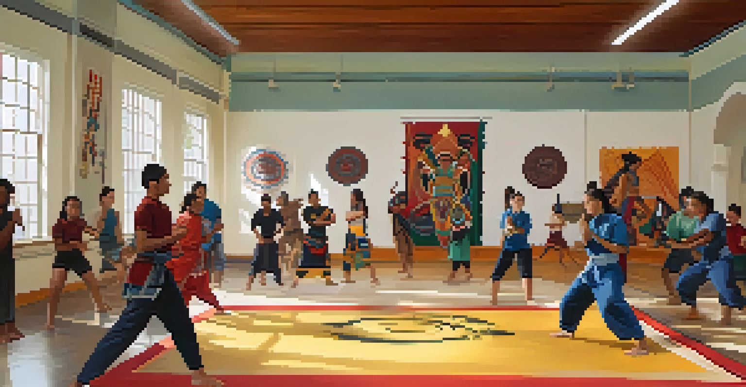 Young Indigenous individuals engaged in a modern self-defense workshop, practicing techniques in a bright, open space.