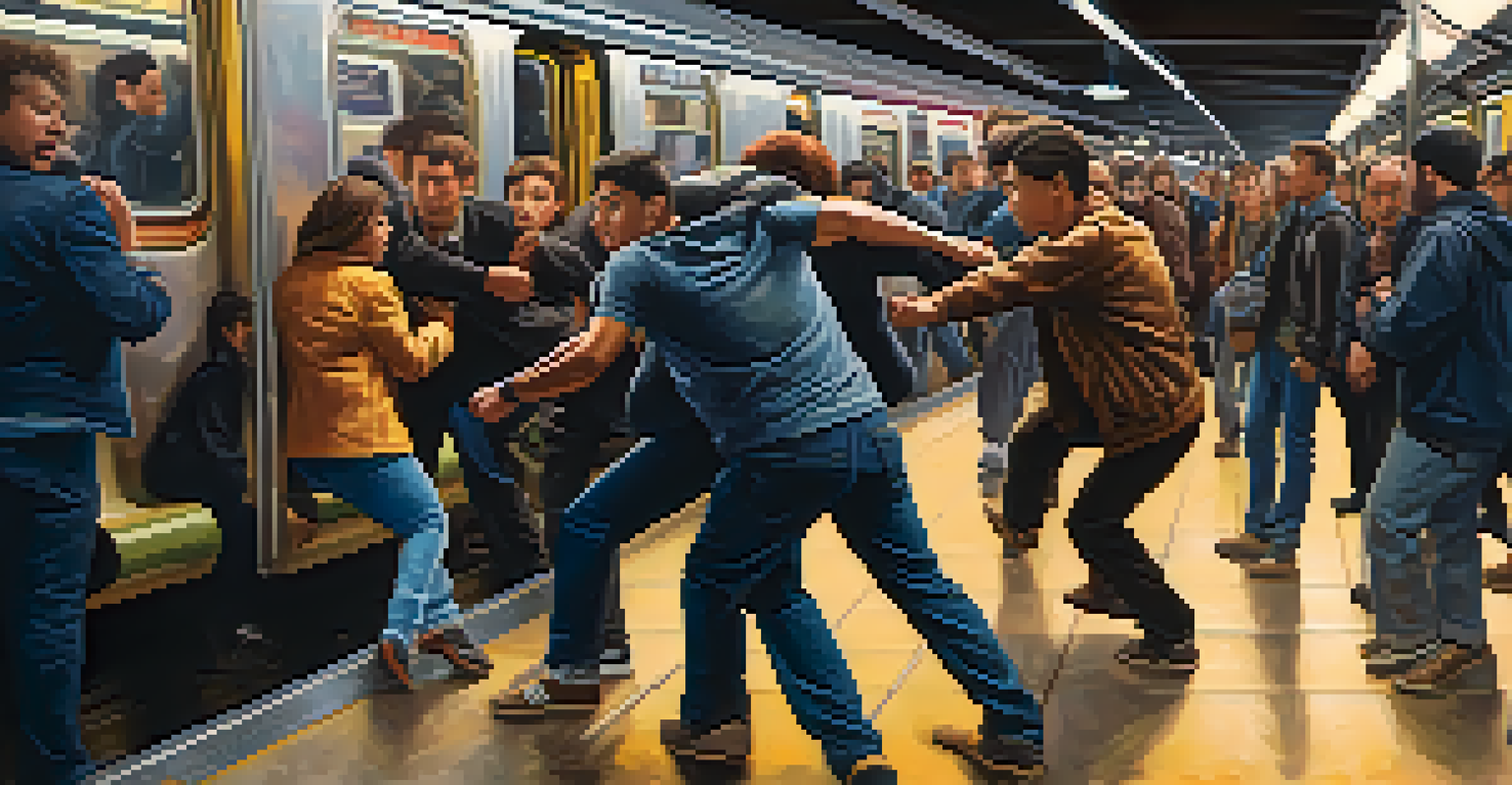 A young man demonstrating a knee strike in a busy subway station, surrounded by commuters and trains, highlighting the importance of urban self-defense.