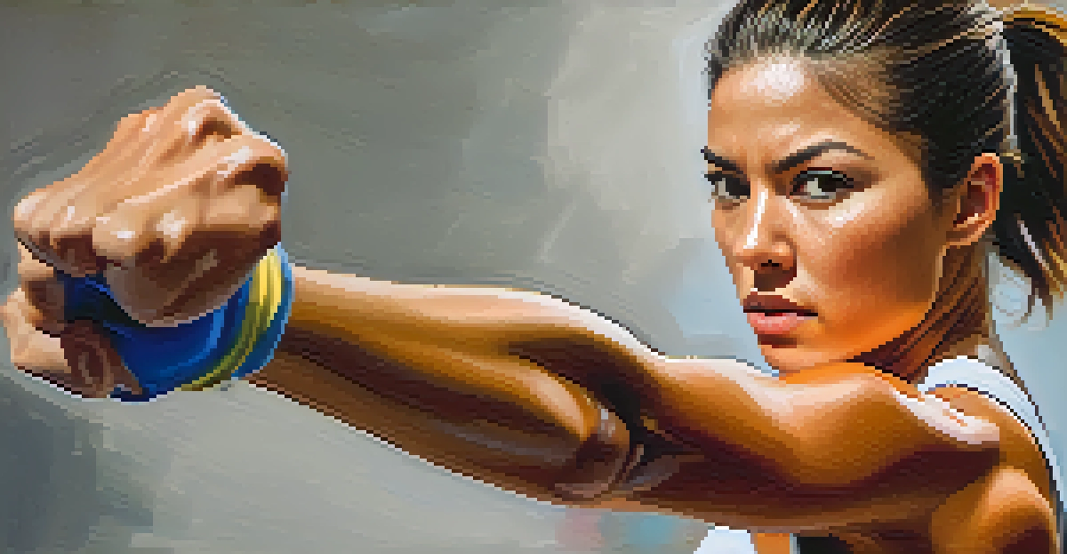 A determined woman practicing a self-defense move, with a focused expression and highlighted muscles.