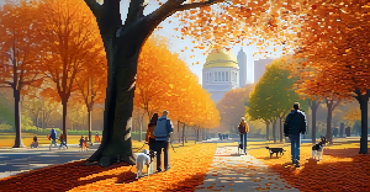 An autumn park scene with a pathway of colorful leaves and friends walking dogs under gentle sunlight.