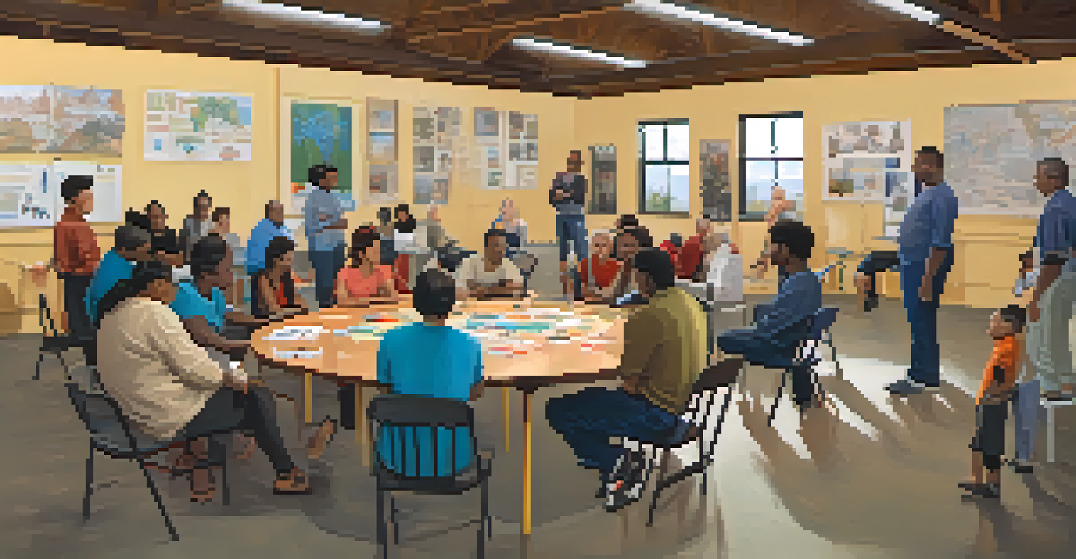 A community workshop with diverse participants discussing self-defense awareness in a circle at a community center.