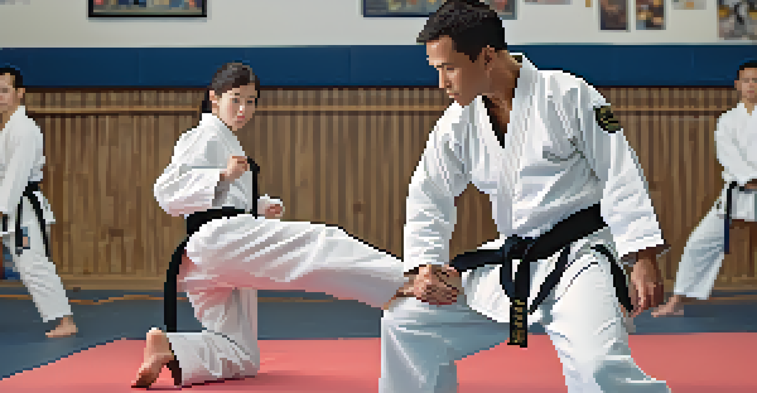A close-up of a self-defense instructor demonstrating a technique to a focused student in a well-lit dojo.