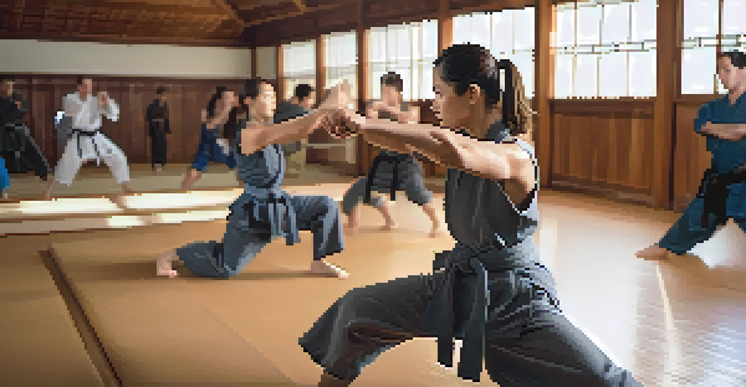 A confident woman executing a self-defense move in a dojo, showcasing her strength and focus.