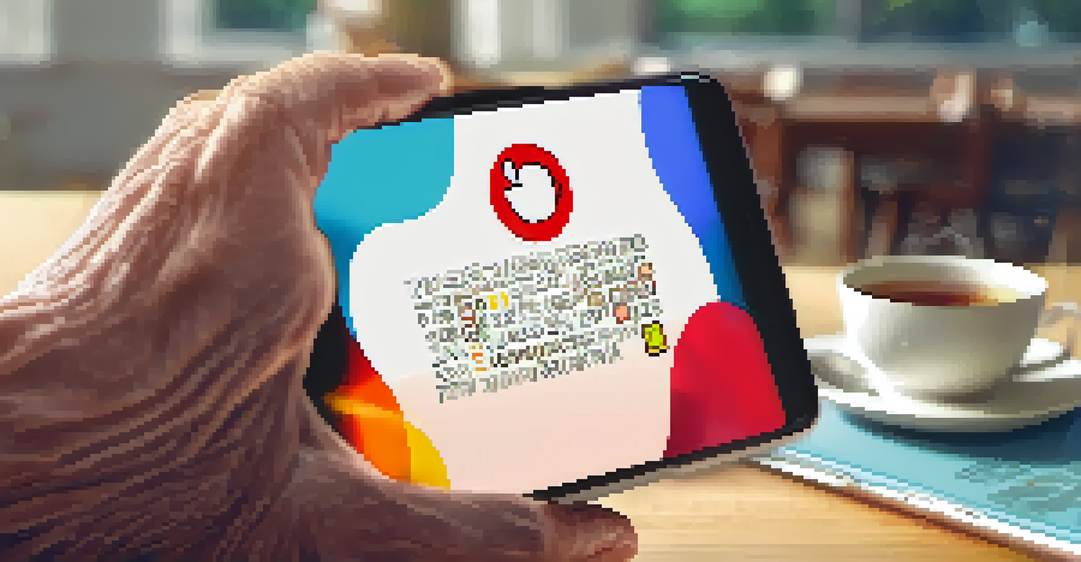 A close-up of an elderly hand hovering over a smartphone displaying a scam warning message, with a cup of tea nearby.