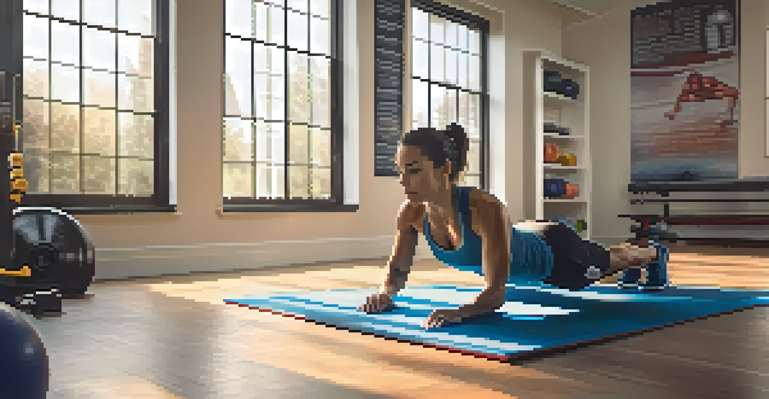 An individual doing push-ups in a well-lit home gym, showcasing strength and determination, surrounded by fitness equipment and motivational quotes.
