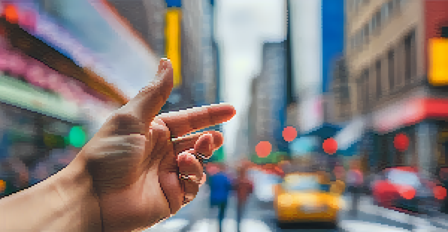 A close-up of a hand making a 'stop' gesture against a blurred busy street background.
