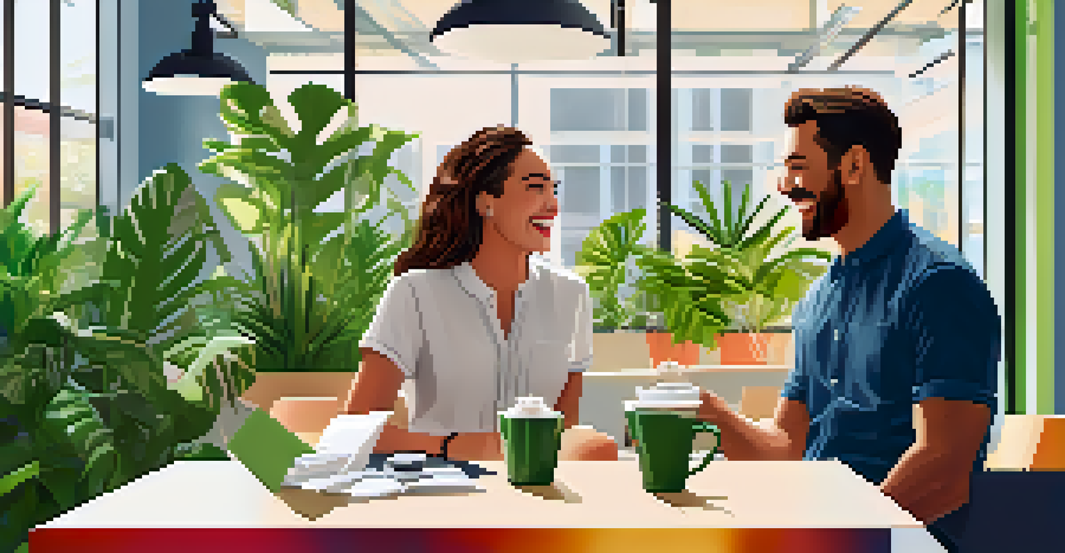 Two colleagues laughing during a coffee break in a modern office, surrounded by plants and bright decor.